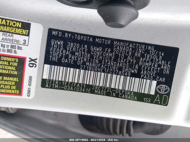 Toyota COROLLA L 2015 2T1BURHE1FC278549 Image 9