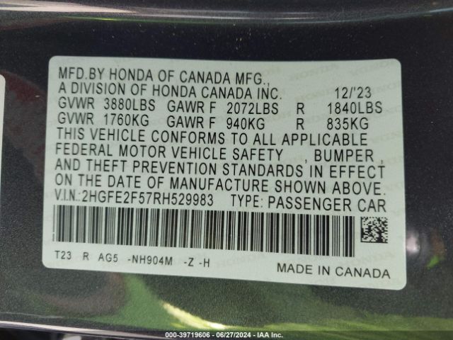 2HGFE2F57RH529983 Honda Civic Sport