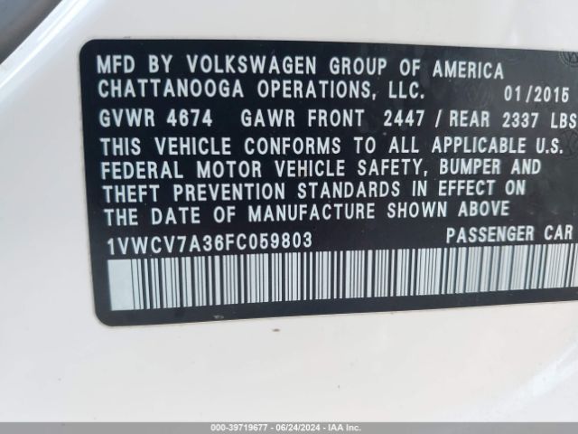 1VWCV7A36FC059803 Volkswagen Passat 2.0l Tdi Sel Premium
