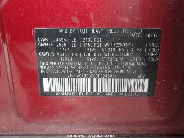 Subaru Outback 2.5i Premium 2015 4S4BSBDC3F3246014 Image 9