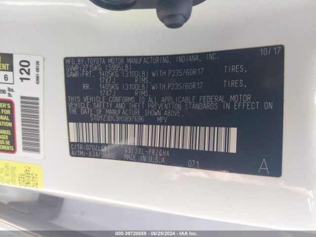 5TDYZ3DC9HS897696 Toyota Sienna Xle Premium 8 Passenger