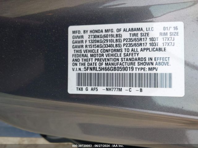 5FNRL5H66GB059019 Honda Odyssey Ex-l