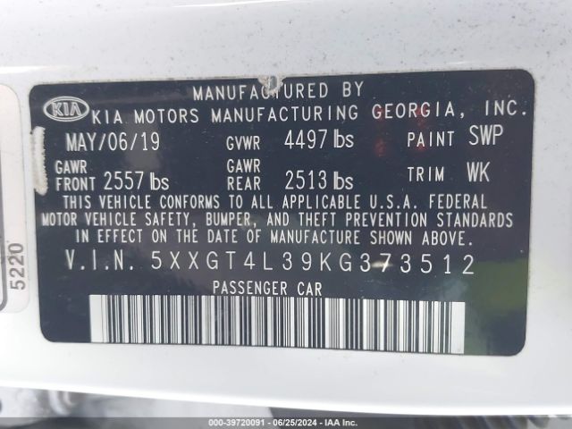 5XXGT4L39KG373512 KIA Optima Lx