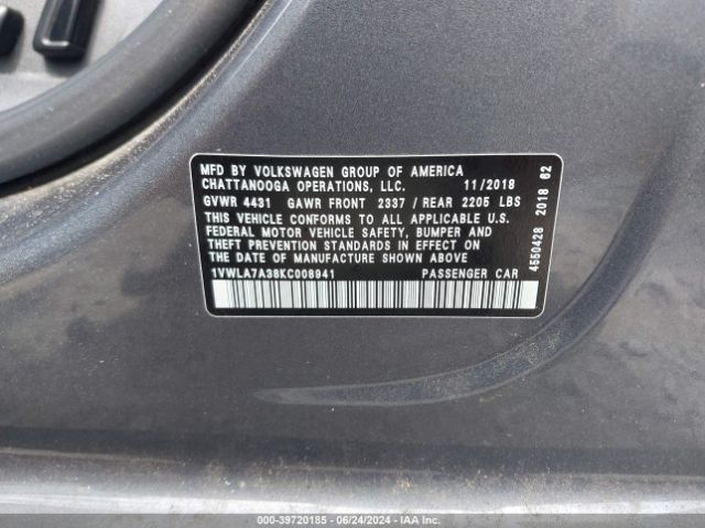1VWLA7A38KC008941 Volkswagen Passat 2.0t Wolfsburg Edition