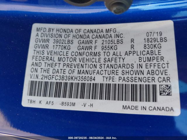2HGFC3B39KH356084 Honda CIVIC EX