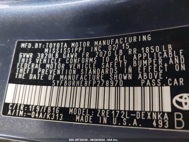 Toyota COROLLA LE 2015 5YFBURHE8FP278970 Image 9
