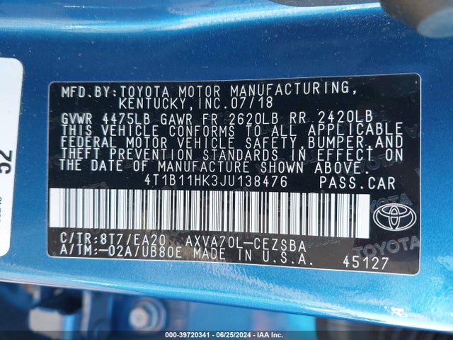 Toyota CAMRY SE 2018 4T1B11HK3JU138476 Image 9