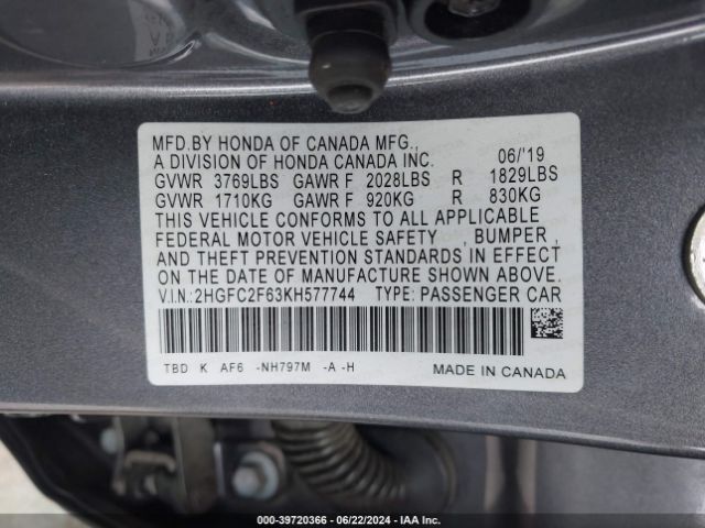 2HGFC2F63KH577744 Honda Civic Lx