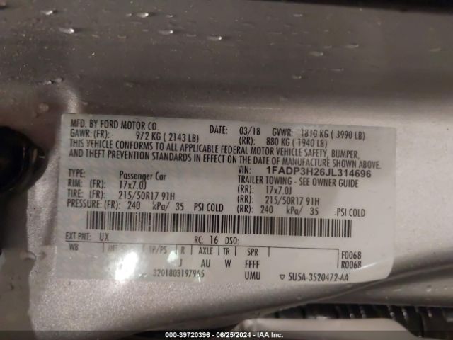 1FADP3H26JL314696 Ford FOCUS SEL
