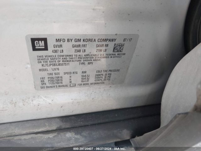 KL7CJPSBXJB507511 Chevrolet Trax Lt