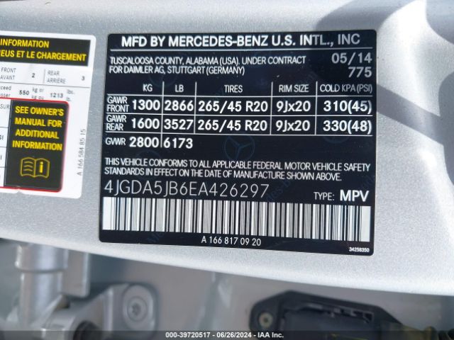 4JGDA5JB6EA426297 Mercedes-Benz ML 350