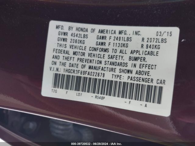 1HGCR3F89FA022679 Honda Accord Ex-l V-6