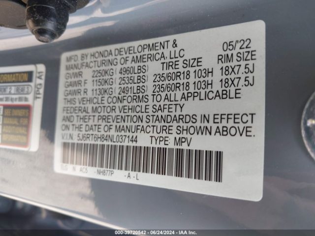 5J6RT6H84NL037144 Honda Cr-v Hybrid Ex-l