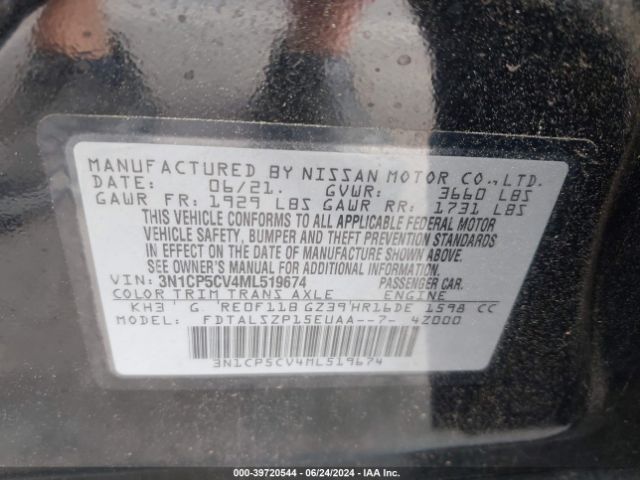 3N1CP5CV4ML519674 Nissan Kicks Sv Xtronic Cvt