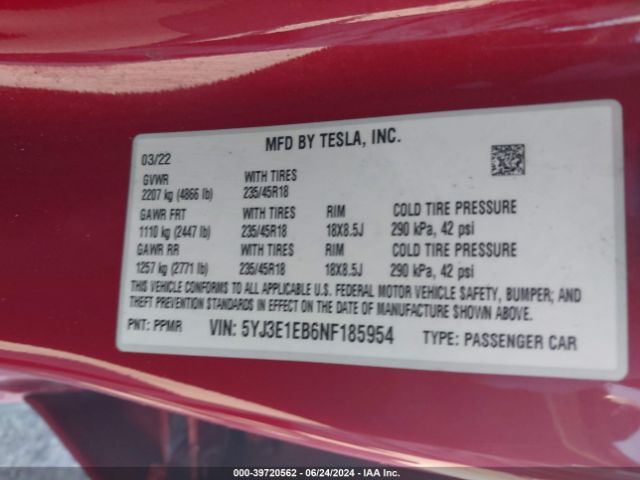 5YJ3E1EB6NF185954 Tesla Model 3 Long Range Dual Motor All-wheel Drive