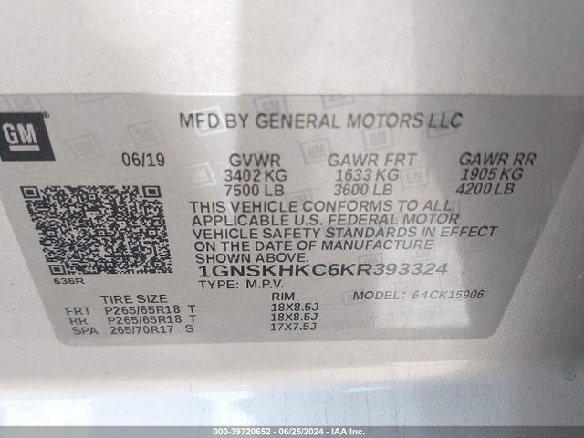 Chevrolet Suburban Lt 2019 1GNSKHKC6KR393324 Image 9