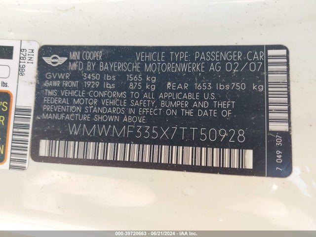 2007 MINI COOPER WMWMF335X7TT50928 Photo 8