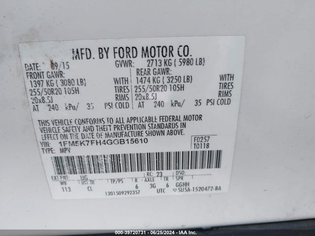 Ford Explorer Limited 2016 1FM5K7FH4GGB15610 Image 9
