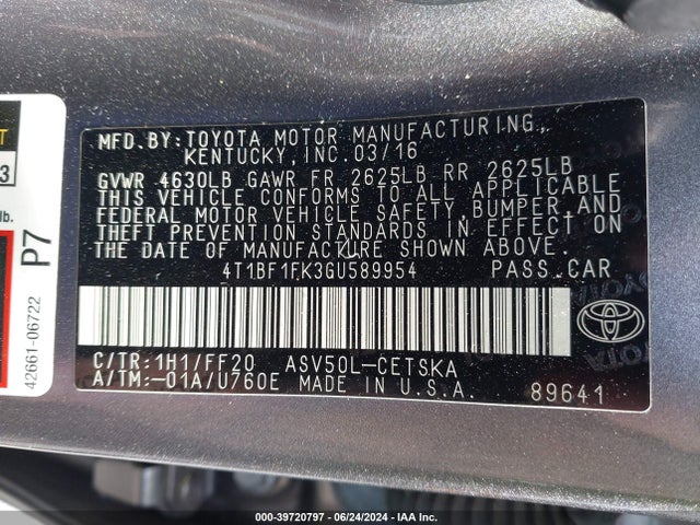 Toyota CAMRY SE 2016 4T1BF1FK3GU589954 Image 9