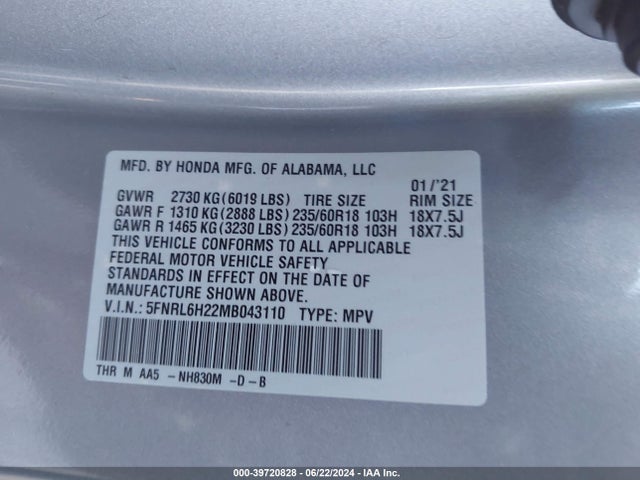 Honda ODYSSEY LX 2021 5FNRL6H22MB043110 Image 9