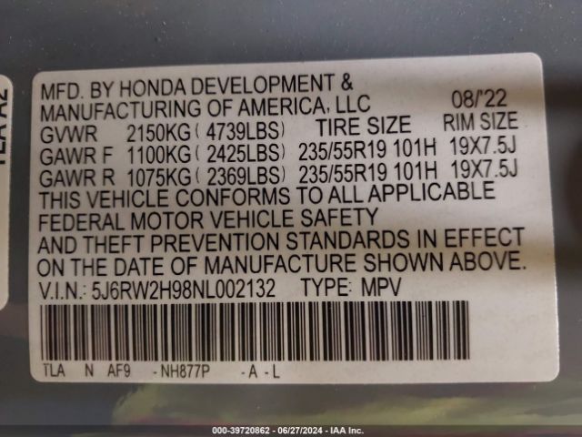 5J6RW2H98NL002132 Honda Cr-v Awd Touring