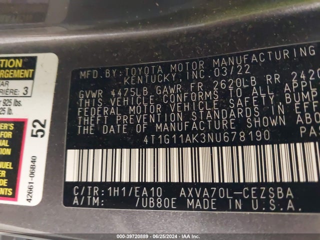 Toyota CAMRY SE 2022 4T1G11AK3NU678190 Image 9
