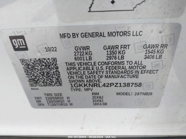 1GKKNRL42PZ138758 GMC Acadia Awd Sle