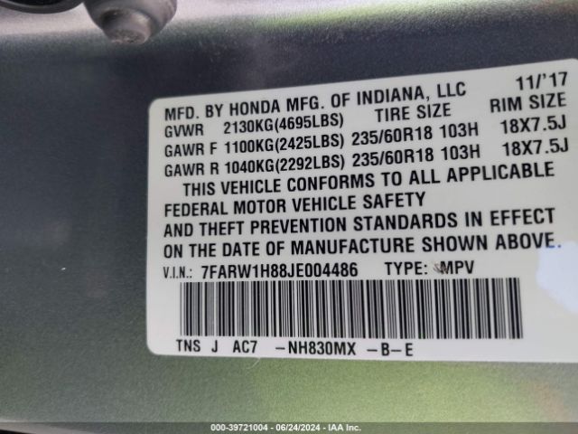 7FARW1H88JE004486 Honda Cr-v Ex-l/ex-l Navi