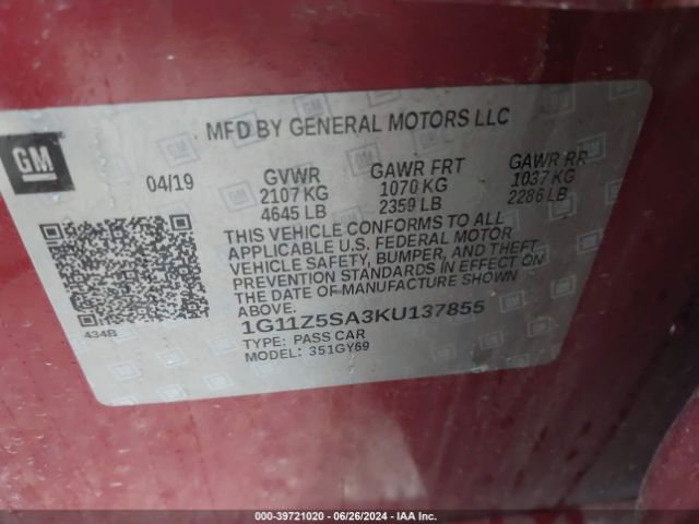 1G11Z5SA3KU137855 Chevrolet IMPALA LT