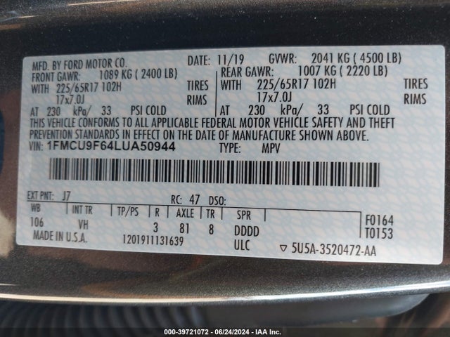 1FMCU9F64LUA50944 Ford ESCAPE S