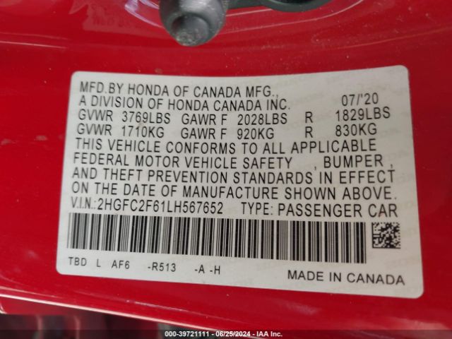 2HGFC2F61LH567652 Honda Civic Lx