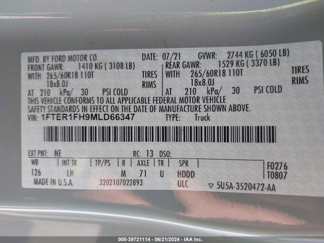 Ford RANGER XL 2021 1FTER1FH9MLD66347 Image 9