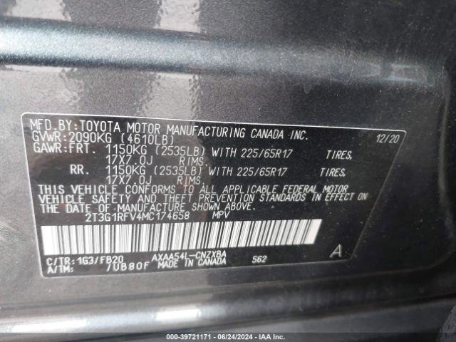 2T3G1RFV4MC174658 Toyota RAV4 LE