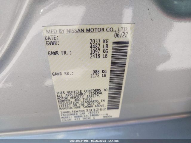 1N4BL4EW2NN393262 Nissan Altima Sl Intelligent Awd