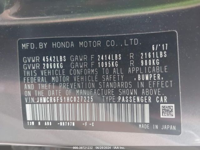 JHMCR6F51HC027225 Honda Accord Hybrid Ex-l