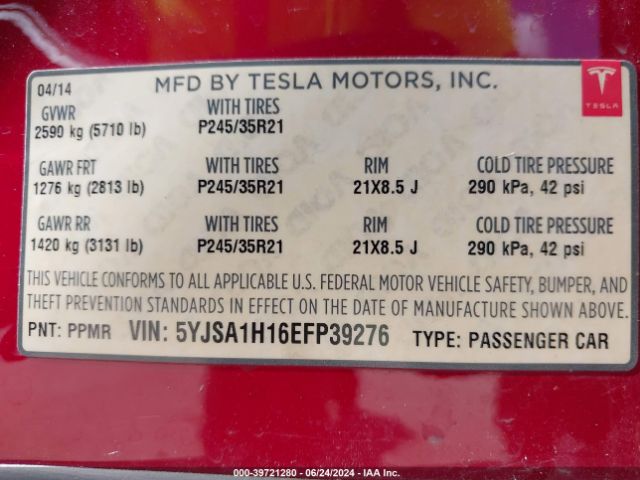5YJSA1H16EFP39276 Tesla Model S P85