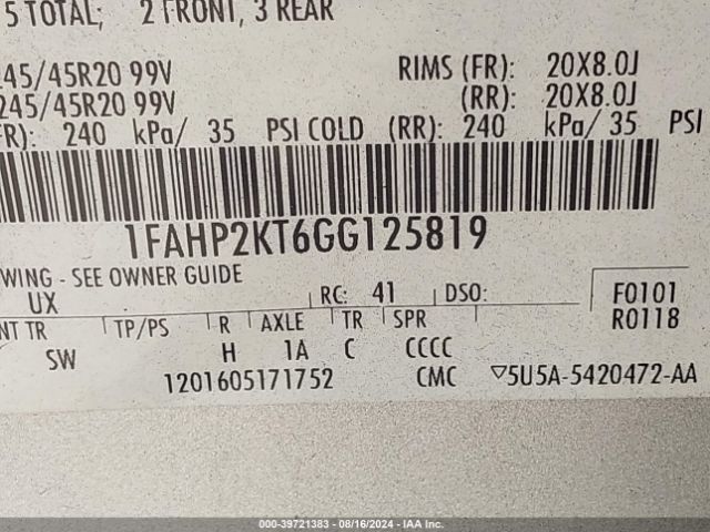 1FAHP2KT6GG125819 Ford TAURUS SHO