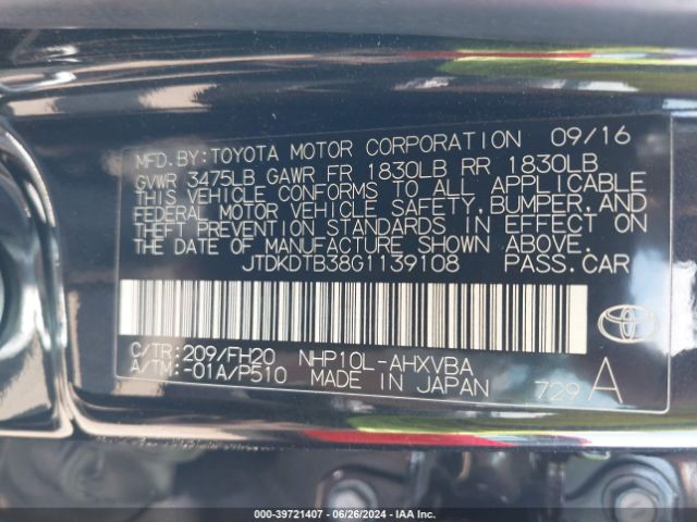 JTDKDTB38G1139108 Toyota Prius C One
