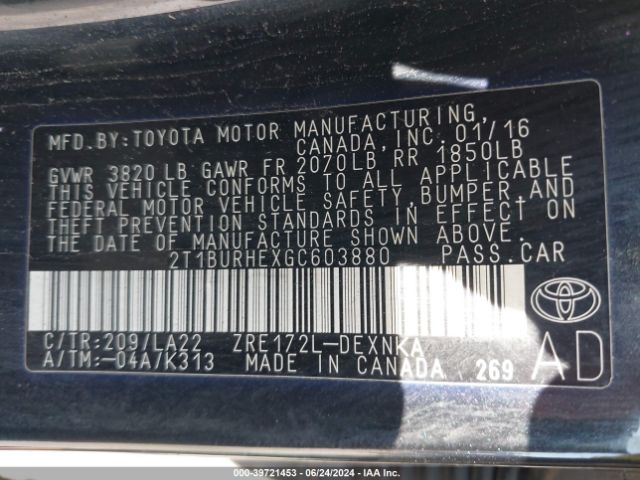 2T1BURHEXGC603880 Toyota Corolla Le Premium