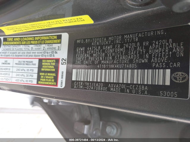 Toyota CAMRY SE 2019 4T1B11HK4KU714805 Image 9