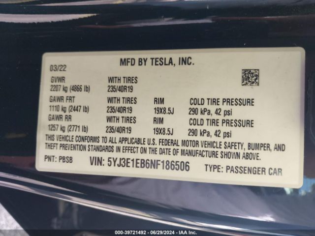 5YJ3E1EB6NF186506 Tesla Model 3 Long Range Dual Motor All-wheel Drive