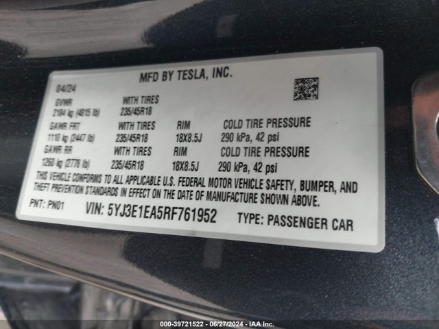 Tesla Model 3 Rear-wheel Drive 2024 5YJ3E1EA5RF761952 Image 9