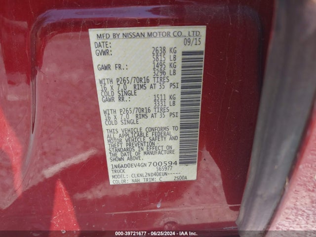 Nissan Frontier Pro-4x/s/sl/sv 2016 1N6AD0EV4GN700594 Image 9