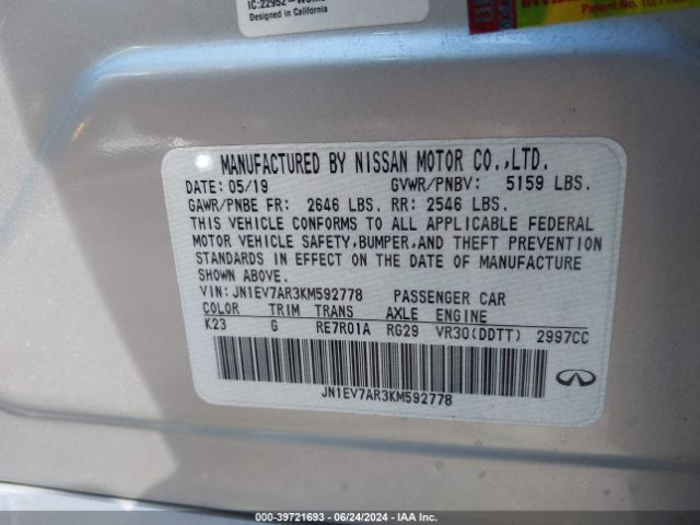 JN1EV7AR3KM592778 Infiniti Q50 3.0t Luxe