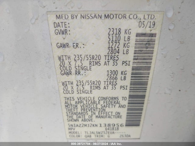 Nissan Murano Platinum 2019 5N1AZ2MJ2KN138956 Image 9