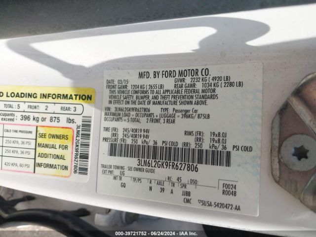 3LN6L2GK9FR627806 Lincoln MKZ