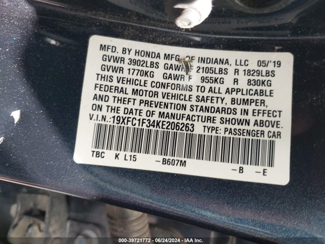 Honda CIVIC EX 2019 19XFC1F34KE206263 Image 9
