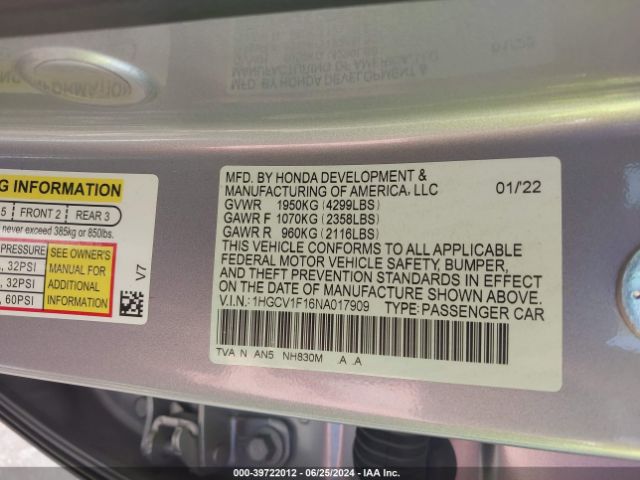 1HGCV1F16NA017909 Honda ACCORD LX