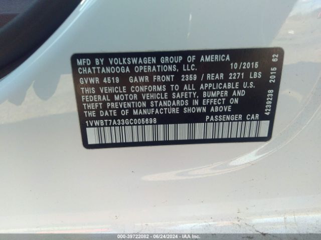 1VWBT7A33GC005698 Volkswagen Passat 1.8t Se