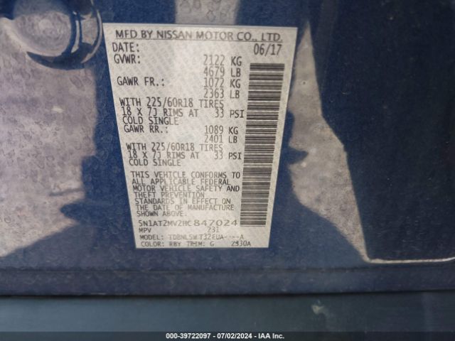 5N1AT2MV2HC847024 Nissan Rogue Sl
